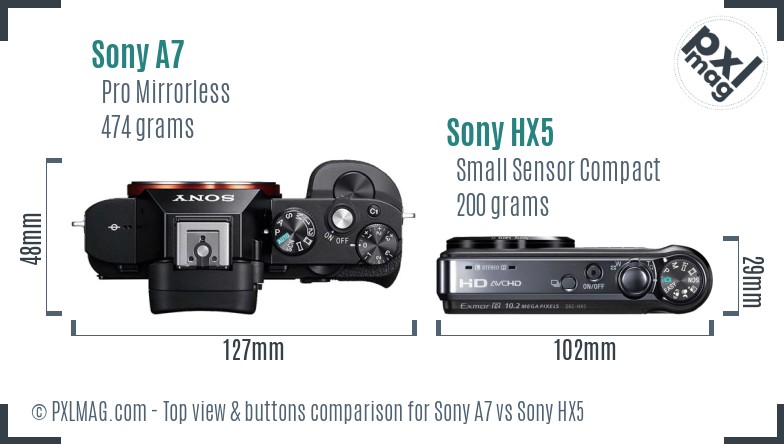 Sony A7 vs Sony HX5 top view buttons comparison