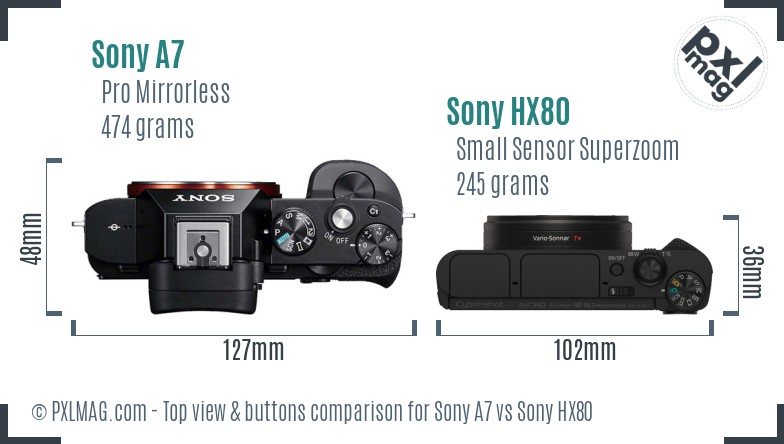 Sony A7 vs Sony HX80 top view buttons comparison