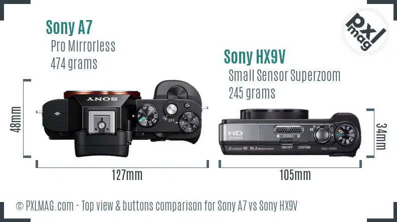 Sony A7 vs Sony HX9V top view buttons comparison