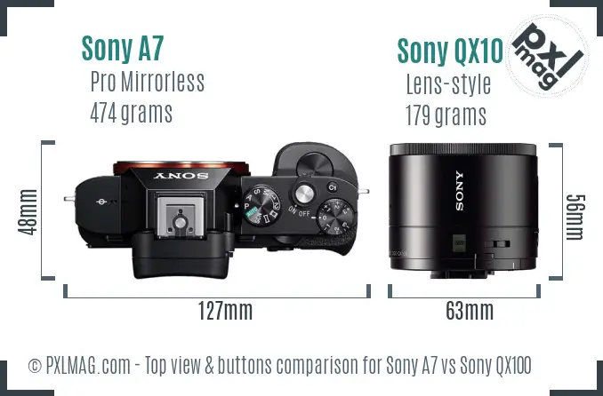 Sony A7 vs Sony QX100 top view buttons comparison