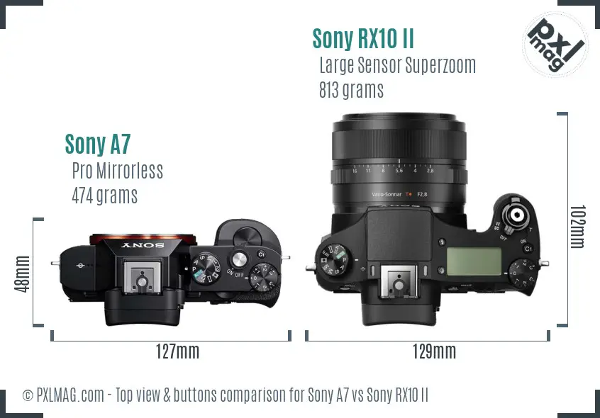 Sony A7 vs Sony RX10 II top view buttons comparison Sony A7 vs Sony RX10 II top view buttons comparison
