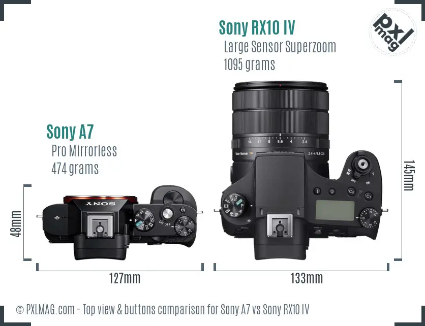 Sony A7 vs Sony RX10 IV top view buttons comparison Sony A7 vs Sony RX10 IV top view buttons comparison