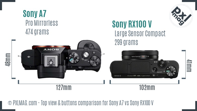 Sony A7 vs Sony RX100 V top view buttons comparison
