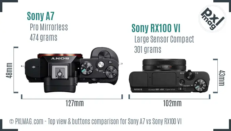 Sony A7 vs Sony RX100 VI top view buttons comparison Sony A7 vs Sony RX100 VI top view buttons comparison