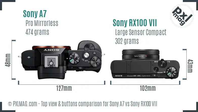 Sony A7 vs Sony RX100 VII top view buttons comparison Sony A7 vs Sony RX100 VII top view buttons comparison