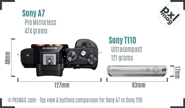 Sony A7 vs Sony T110 top view buttons comparison