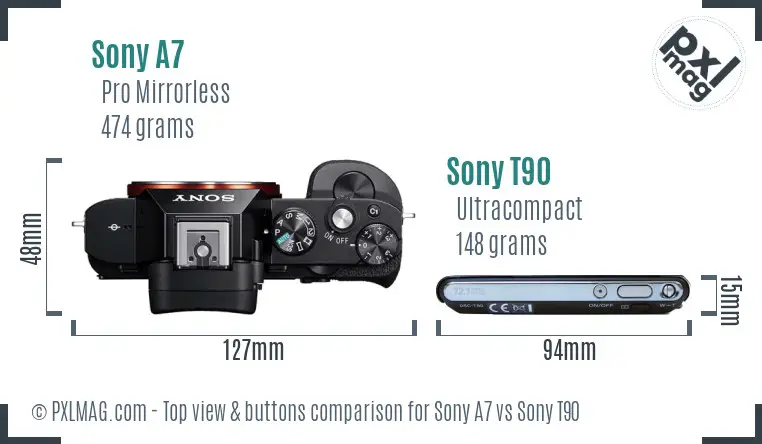 Sony A7 vs Sony T90 top view buttons comparison