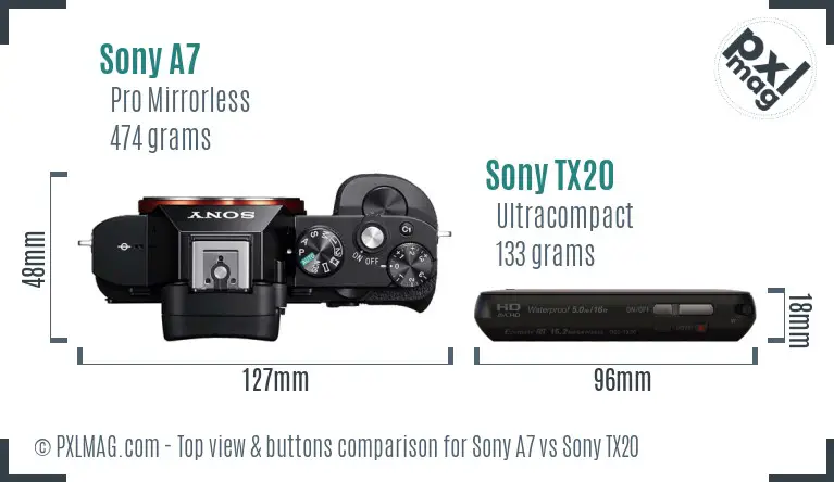 Sony A7 vs Sony TX20 top view buttons comparison