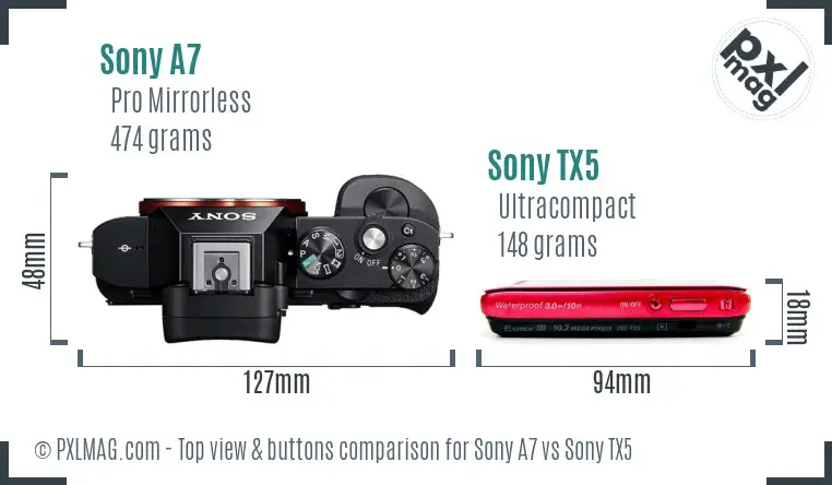 Sony A7 vs Sony TX5 top view buttons comparison Sony A7 vs Sony TX5 top view buttons comparison