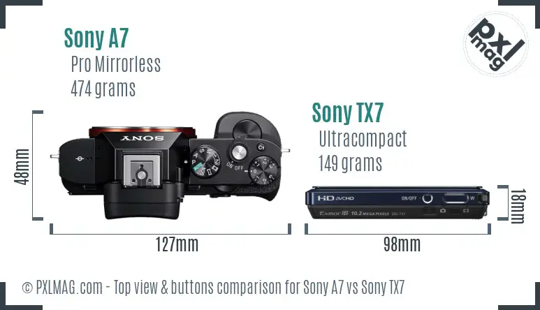 Sony A7 vs Sony TX7 top view buttons comparison