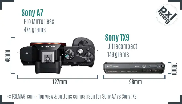 Sony A7 vs Sony TX9 top view buttons comparison