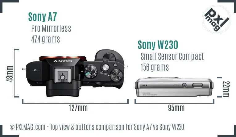 Sony A7 vs Sony W230 top view buttons comparison