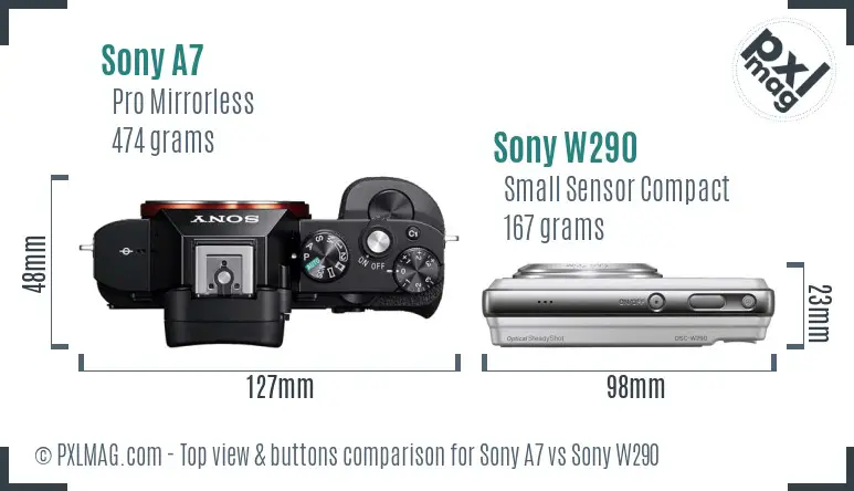 Sony A7 vs Sony W290 top view buttons comparison