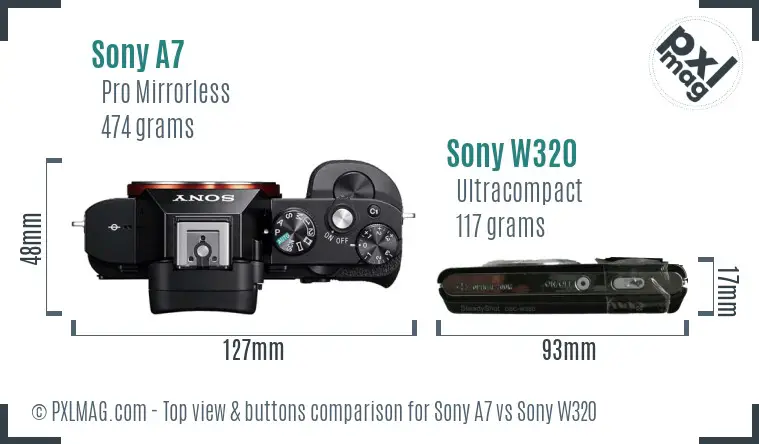 Sony A7 vs Sony W320 top view buttons comparison