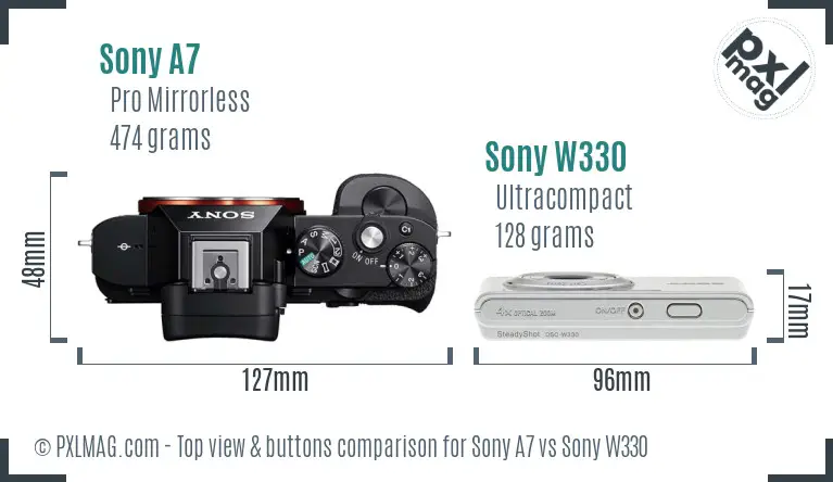 Sony A7 vs Sony W330 top view buttons comparison