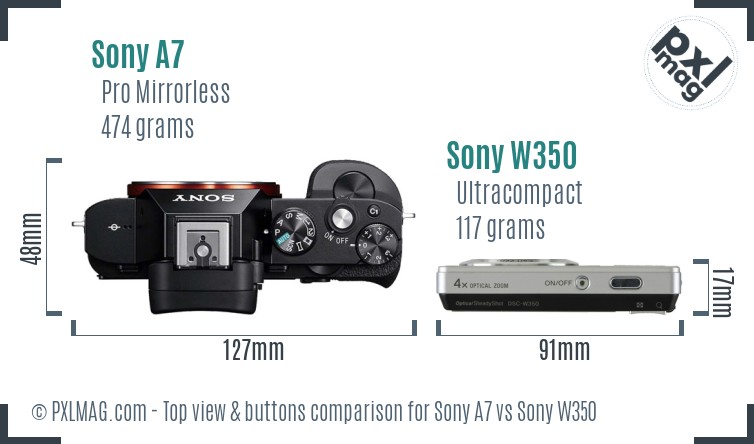 Sony A7 vs Sony W350 top view buttons comparison