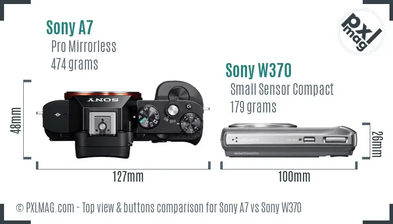 Sony A7 vs Sony W370 top view buttons comparison