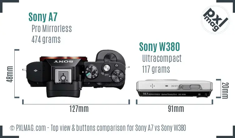 Sony A7 vs Sony W380 top view buttons comparison