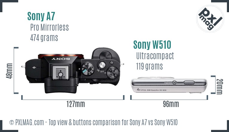 Sony A7 vs Sony W510 top view buttons comparison