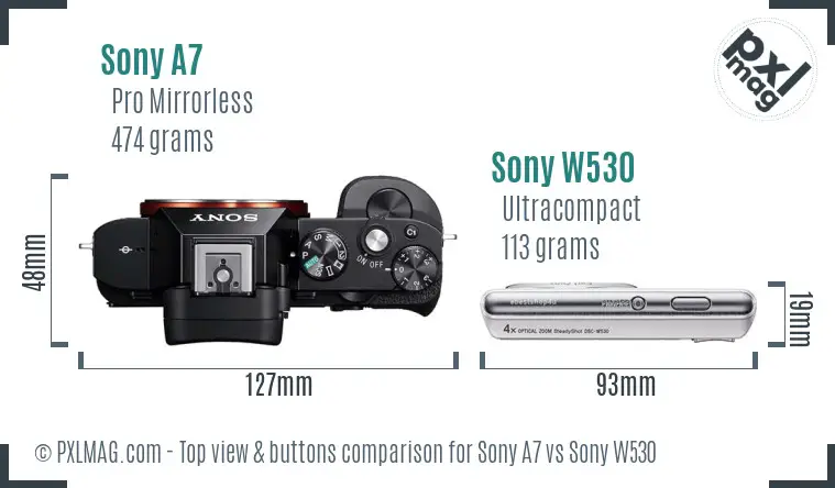 Sony A7 vs Sony W530 top view buttons comparison