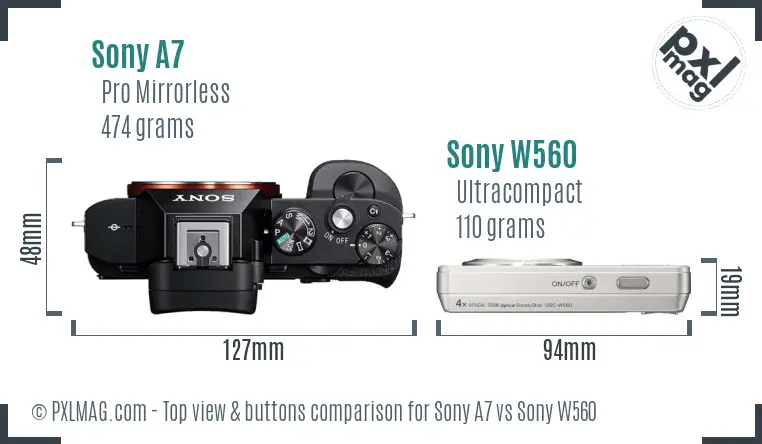 Sony A7 vs Sony W560 top view buttons comparison