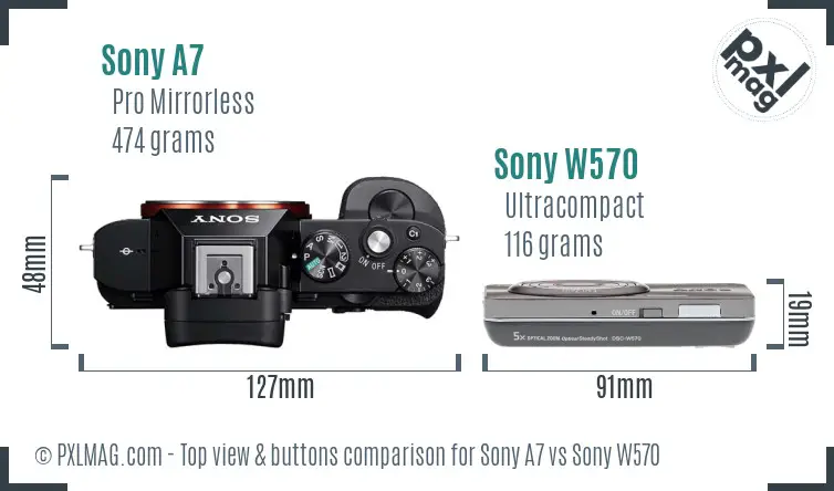 Sony A7 vs Sony W570 top view buttons comparison