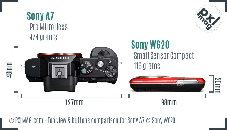 Sony A7 vs Sony W620 top view buttons comparison