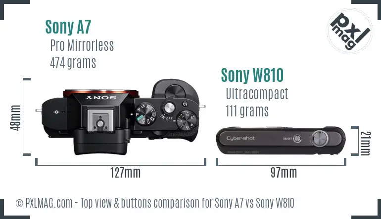 Sony A7 vs Sony W810 top view buttons comparison Sony A7 vs Sony W810 top view buttons comparison