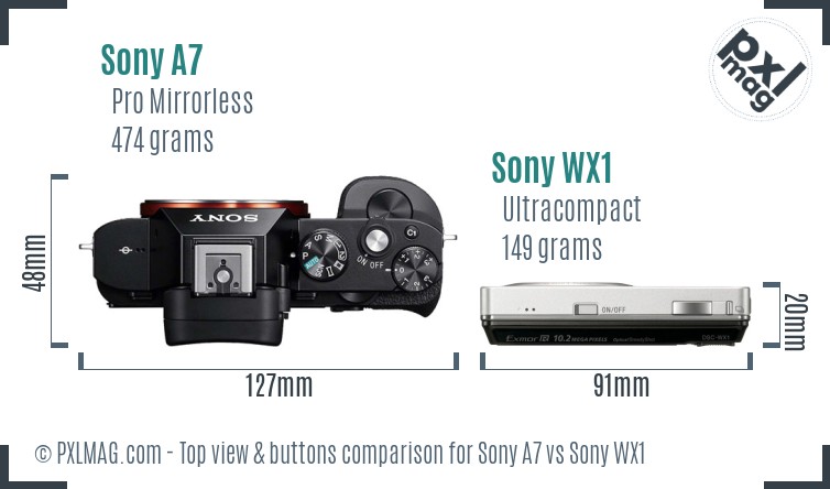 Sony A7 vs Sony WX1 top view buttons comparison