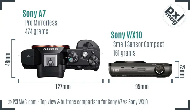 Sony A7 vs Sony WX10 top view buttons comparison Sony A7 vs Sony WX10 top view buttons comparison