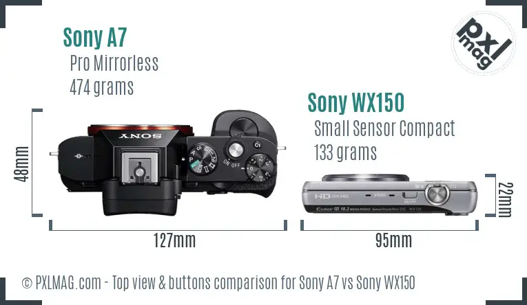 Sony A7 vs Sony WX150 top view buttons comparison Sony A7 vs Sony WX150 top view buttons comparison