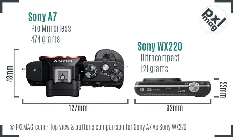Sony A7 vs Sony WX220 top view buttons comparison