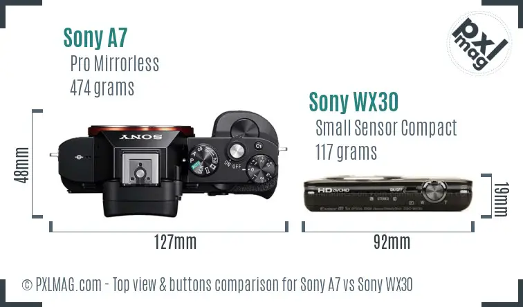 Sony A7 vs Sony WX30 top view buttons comparison