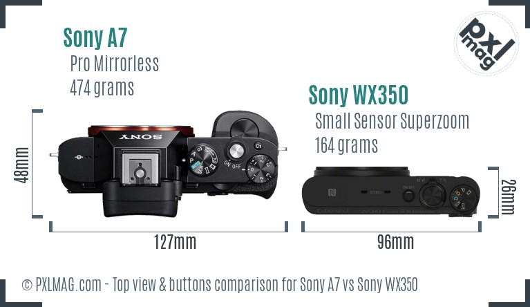Sony A7 vs Sony WX350 top view buttons comparison