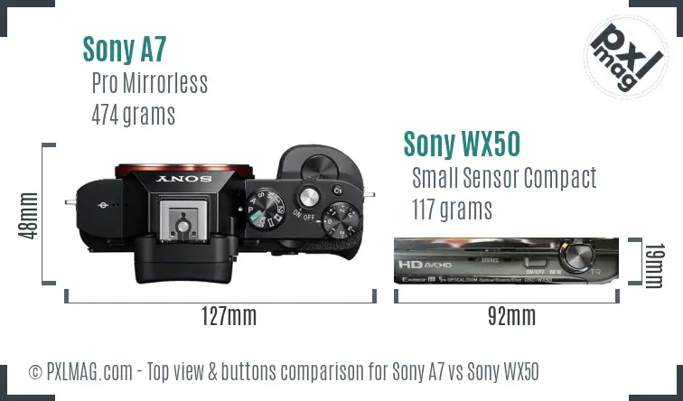 Sony A7 vs Sony WX50 top view buttons comparison