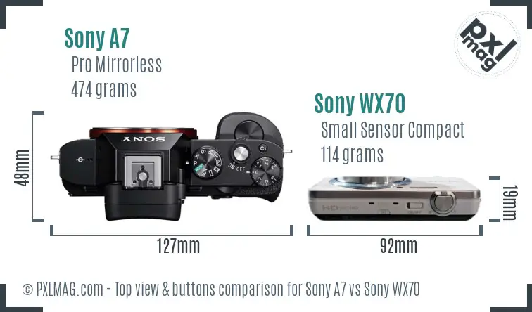 Sony A7 vs Sony WX70 top view buttons comparison