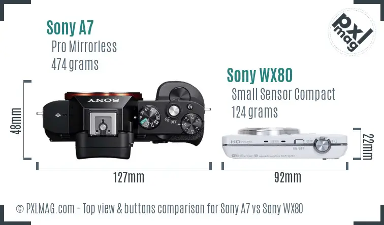 Sony A7 vs Sony WX80 top view buttons comparison