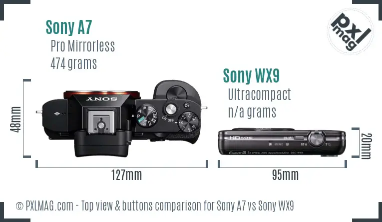 Sony A7 vs Sony WX9 top view buttons comparison