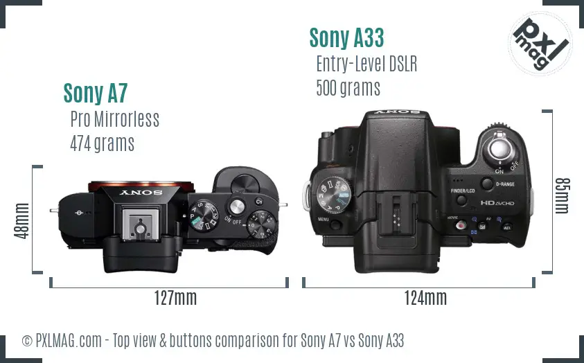Sony A7 vs Sony A33 top view buttons comparison Sony A7 vs Sony A33 top view buttons comparison