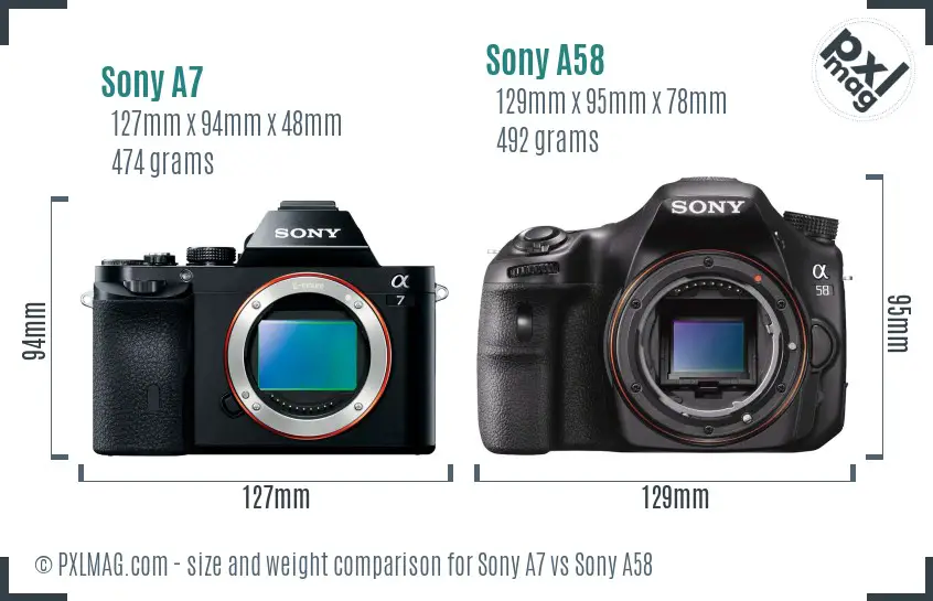 Sony A7 vs Sony A58 size comparison