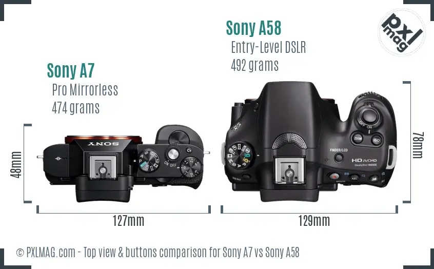 Sony A7 vs Sony A58 top view buttons comparison