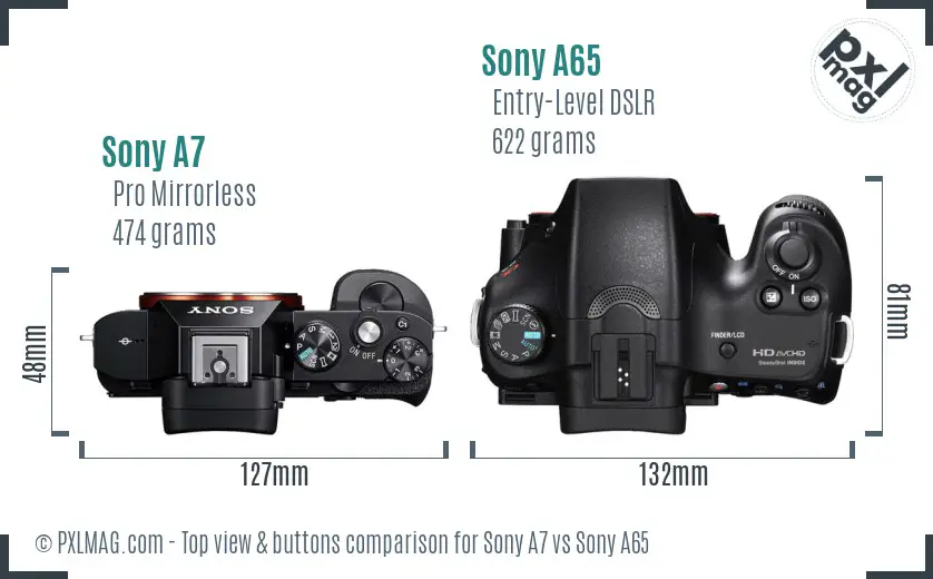 Sony A7 vs Sony A65 top view buttons comparison