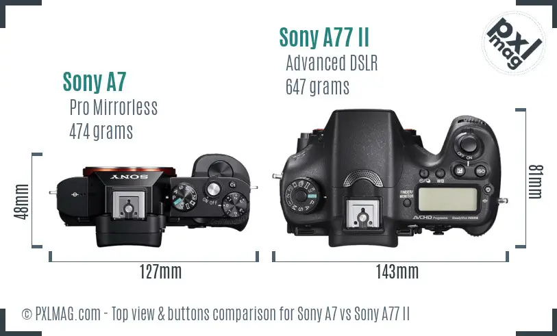 Sony A7 vs Sony A77 II top view buttons comparison