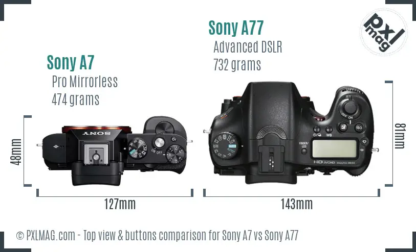 Sony A7 vs Sony A77 top view buttons comparison Sony A7 vs Sony A77 top view buttons comparison
