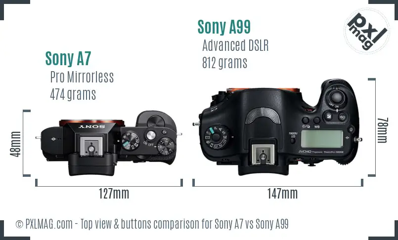 Sony A7 vs Sony A99 top view buttons comparison