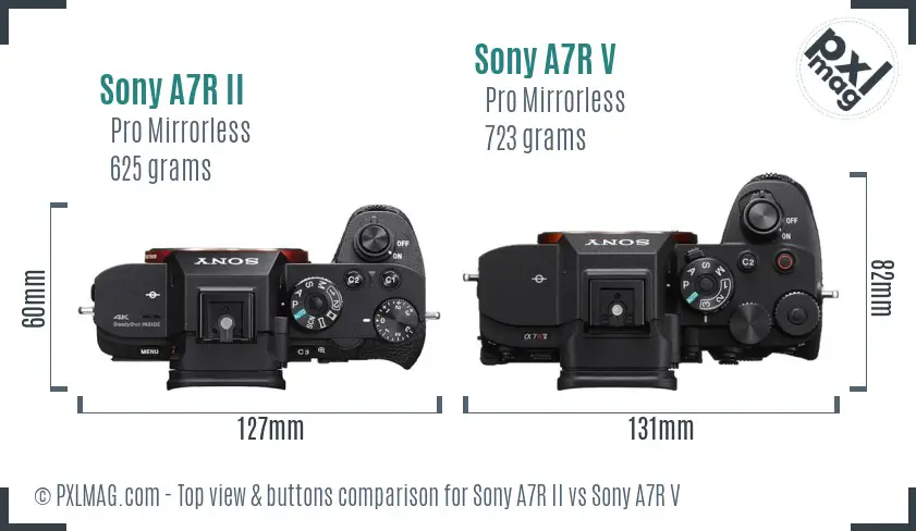 Sony A7R II vs Sony A7R V top view buttons comparison