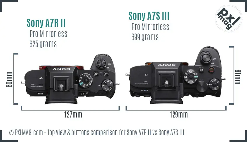 Sony A7R II vs Sony A7S III top view buttons comparison