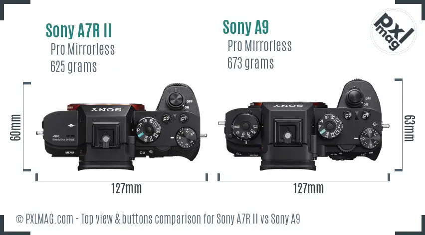 Sony A7R II vs Sony A9 top view buttons comparison