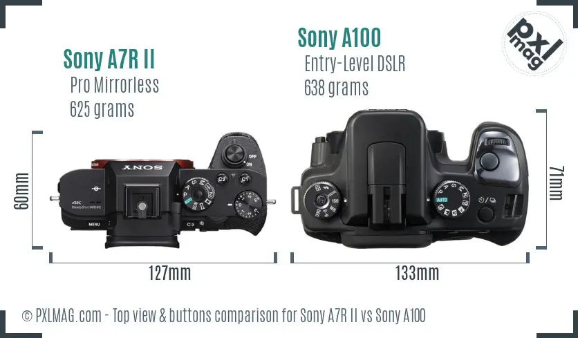 Sony A7R II vs Sony A100 top view buttons comparison Sony A7R II vs Sony A100 top view buttons comparison
