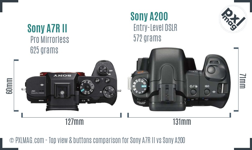 Sony A7R II vs Sony A200 top view buttons comparison